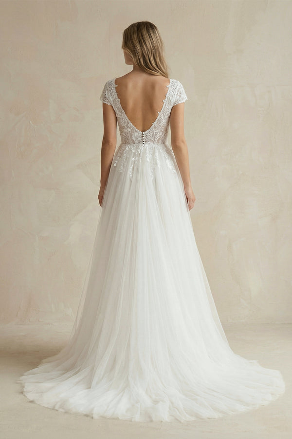 Sexy A Line Plunging Neckline Tulle Sweep Train Wedding Dress with Appliques -Wedding Dresses by KissProm | Available at KissProm