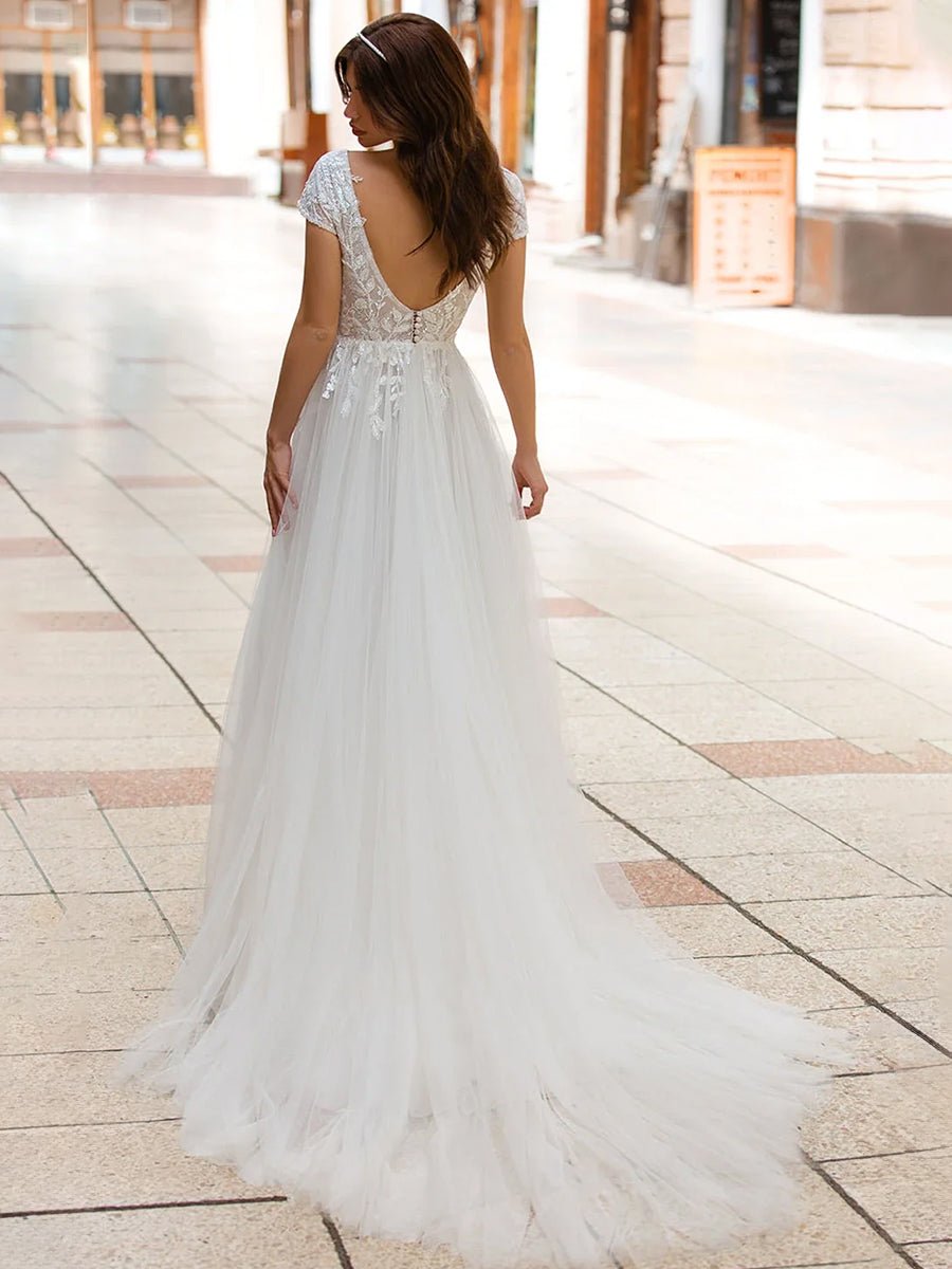 Sexy A Line Plunging Neckline Tulle Sweep Train Wedding Dress with Appliques - KissProm