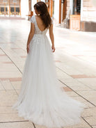 Sexy A Line Plunging Neckline Tulle Sweep Train Wedding Dress with Appliques - KissProm