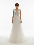 Sexy A Line Plunging Neckline Tulle Sweep Train Wedding Dress with Appliques - KissProm