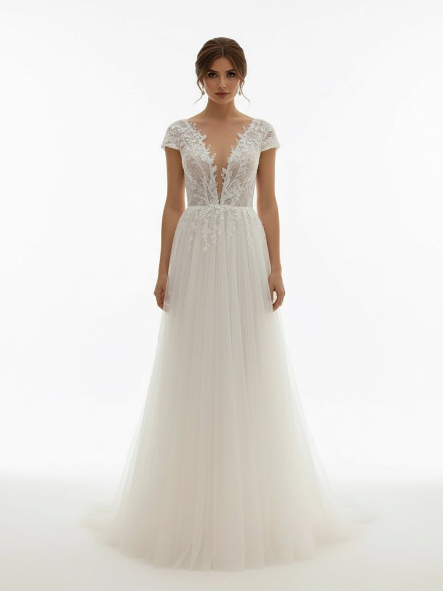 Sexy A Line Plunging Neckline Tulle Sweep Train Wedding Dress with Appliques - KissProm