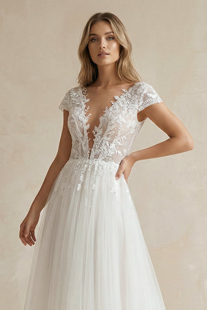 Sexy A Line Plunging Neckline Tulle Sweep Train Wedding Dress with Appliques -Wedding Dresses by KissProm | Available at KissProm