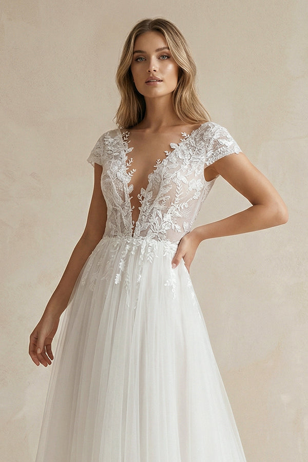 Sexy A Line Plunging Neckline Tulle Sweep Train Wedding Dress with Appliques -Wedding Dresses by KissProm | Available at KissProm