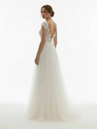 Sexy A Line Plunging Neckline Tulle Sweep Train Wedding Dress with Appliques - KissProm