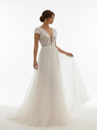 Sexy A Line Plunging Neckline Tulle Sweep Train Wedding Dress with Appliques - KissProm
