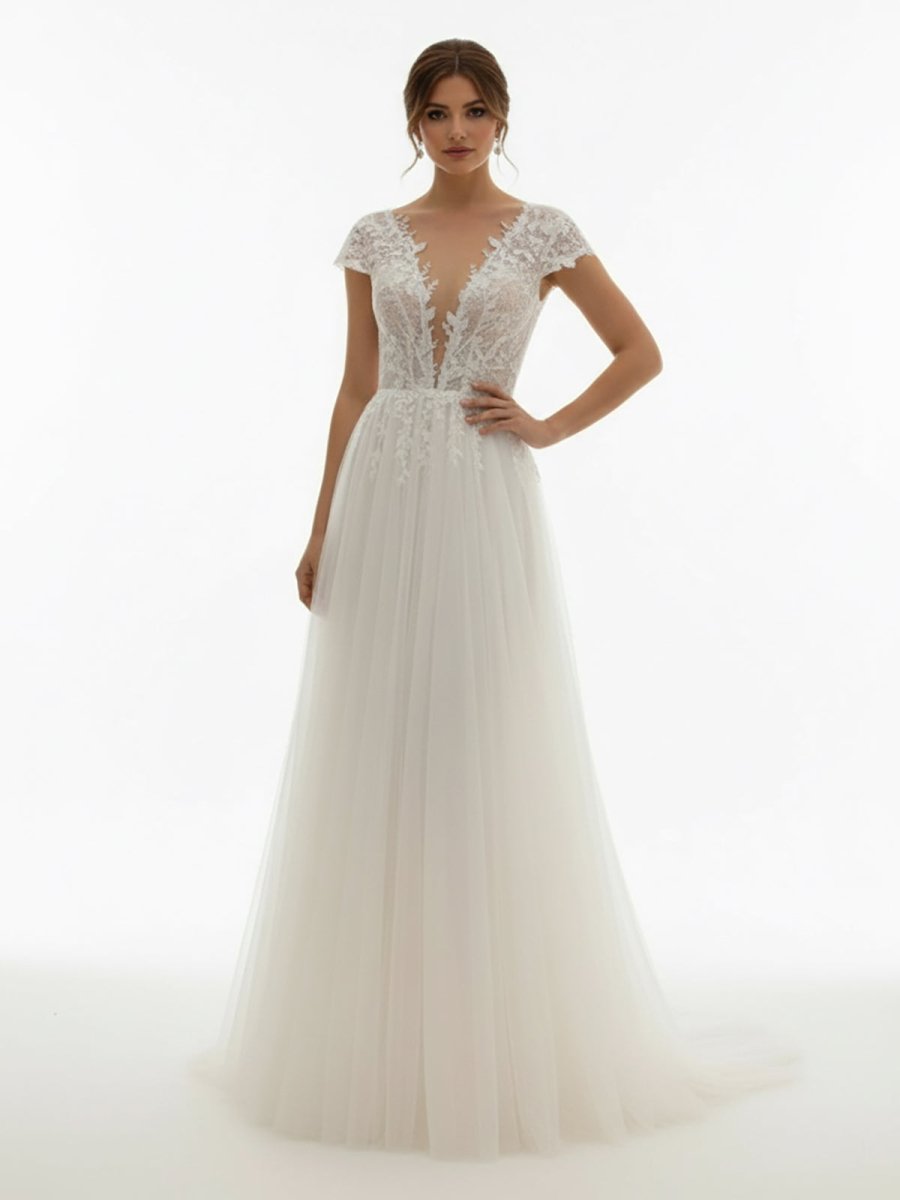 Sexy A Line Plunging Neckline Tulle Sweep Train Wedding Dress with Appliques - KissProm
