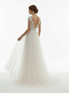 Sexy A Line Plunging Neckline Tulle Sweep Train Wedding Dress with Appliques - KissProm