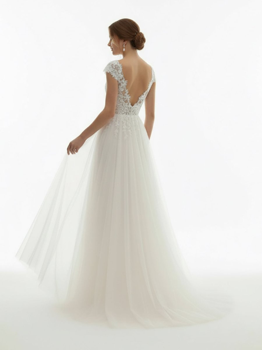 Sexy A Line Plunging Neckline Tulle Sweep Train Wedding Dress with Appliques - KissProm