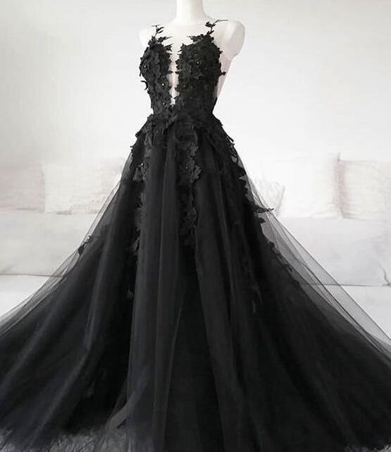 KissProm Sexy Black Lace Appliques Sleeveless Tulle Backless Wedding Dresses with Veil, Black / 6
