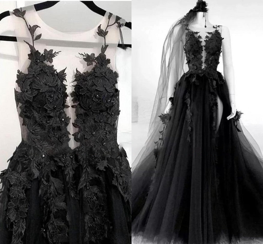 Sexy Black Lace Appliques Sleeveless Tulle Backless Wedding Dresses with Veil