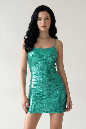 Sexy Fitted Bateau Spaghetti Straps Fully Sequined Lace-Up Mini Party Dresses - KissProm