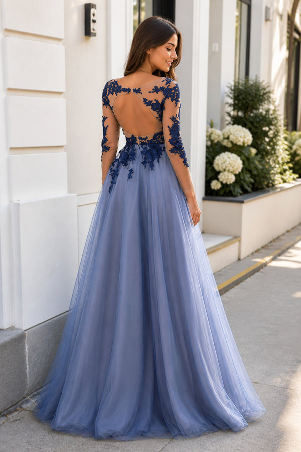 Gabrielle | Sexy Long Sleeves Blue Lace Open Back Prom Dresses Evening Dresses - KissProm