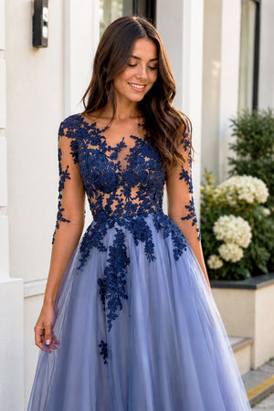 Gabrielle | Sexy Long Sleeves Blue Lace Open Back Prom Dresses Evening Dresses - KissProm