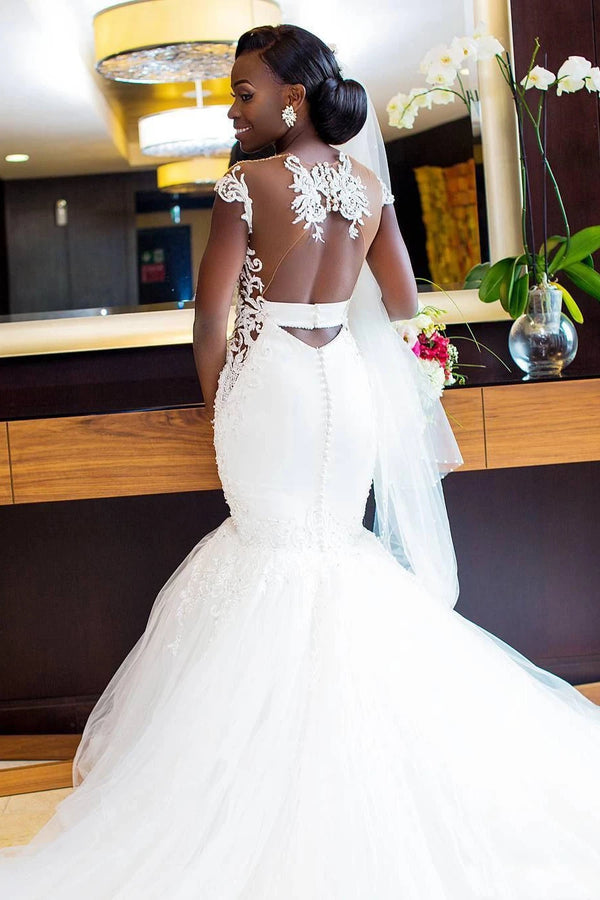 Sexy Mermaid Lace and Tulle Appliqued Cap Sleeve Bridal Gown