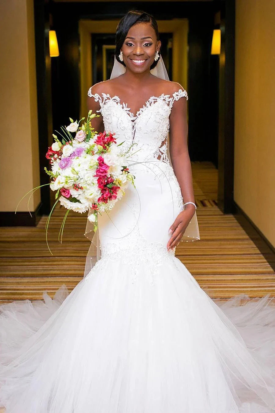 cap sleeve bridal dress Boho Beaded Flower Aline Wedding Light Ivory Layered tulle with lace appliqu Fit MARSEILLE'S BRIDE|Simple Cap Sleeve Sweetheart