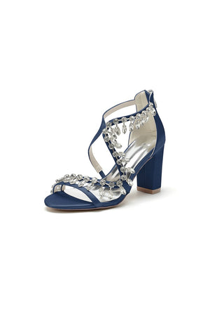 Sexy Open Toe Thin Strap Chunky Heels With Rhinestone - KissProm