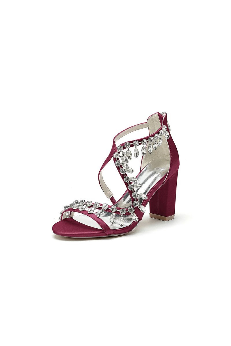 Sexy Open Toe Thin Strap Chunky Heels With Rhinestone - KissProm