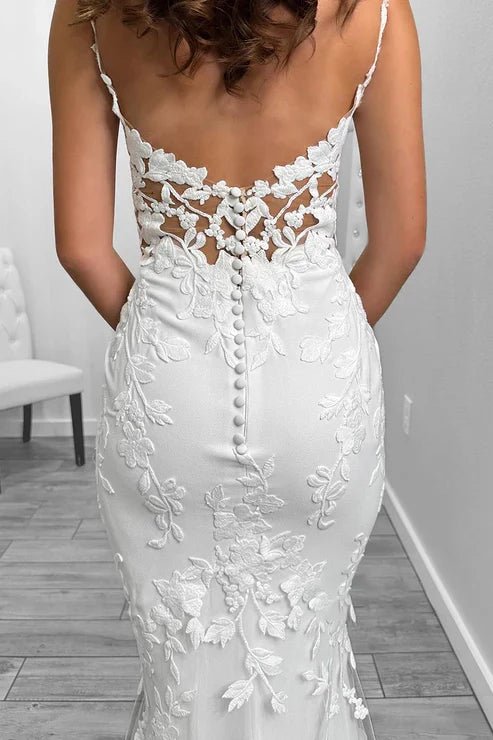 Sexy Satin V-Neck Spaghetti Straps Illusion Lace Applique With Lace Train Wedding Dress