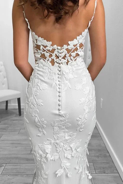 Sexy Satin V-Neck Spaghetti Straps Illusion Lace Applique with Lace Train Wedding Dress, Champagne / 4 Sexy Satin V-Neck Spaghetti Straps Illusion Lace Applique with Lace Train Wedding Dress, Champagne / 4