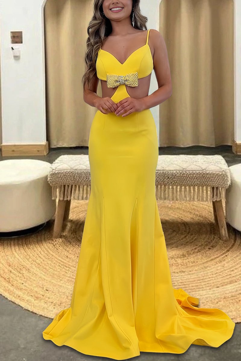 Asseda | Yellow - Spaghetti Straps Satin Cutout Mermaid Prom Dresses With Bowknot - KissProm