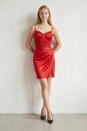 Spaghetti Straps Bodycon Corset Satin Mini Dress with Slit-KissProm