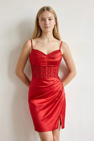 Spaghetti Straps Bodycon Corset Satin Mini Dress with Slit-KissProm