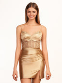 Shairi | Spaghetti Straps Bodycon Corset Satin Mini Dress with Slit - KissProm