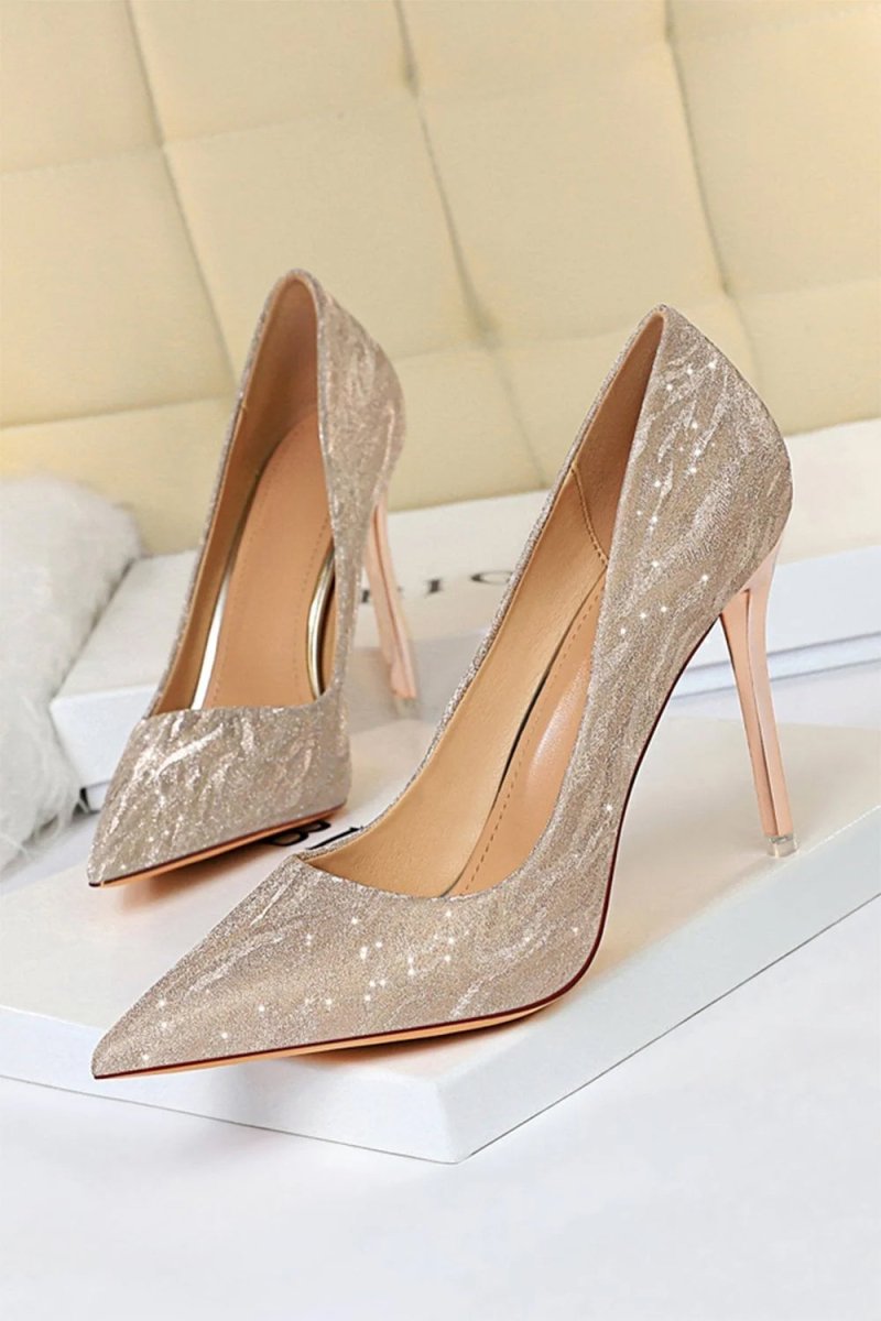 Shallow Toe Sequined Stiletto High Heels - KissProm