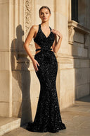 Halter Halter Sequined Sleeveless Mermaid Sparkly Long Prom Dress - KissProm