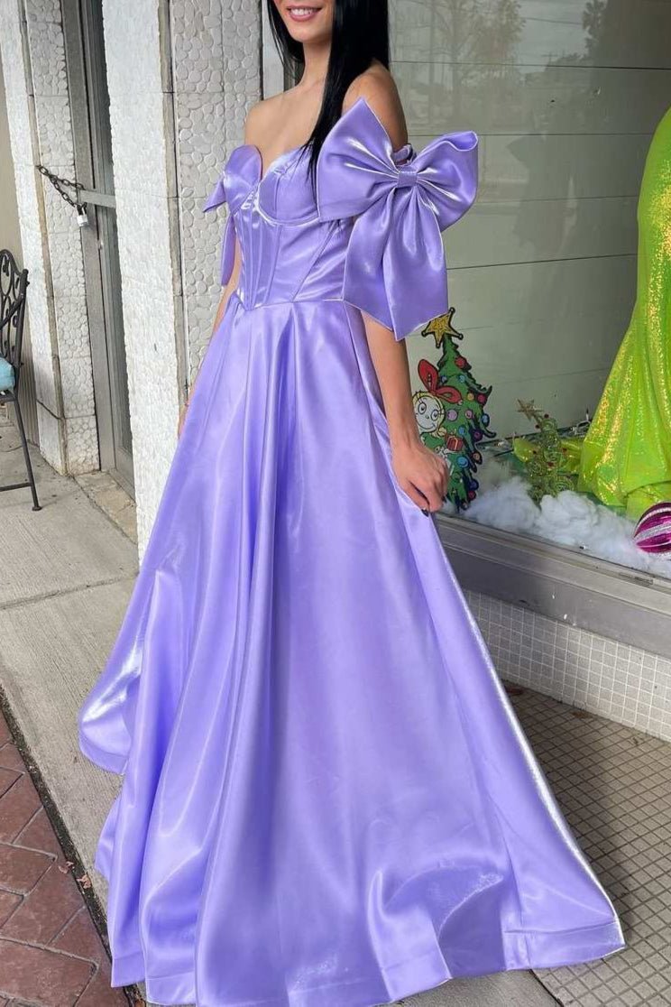 Shanty | A - Line Off - Shoulder Bow Pleated Long Prom Dress - KissProm