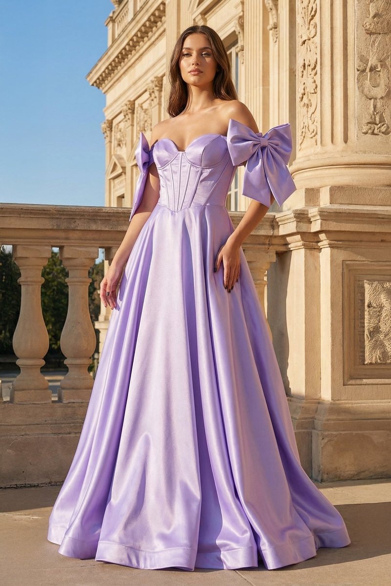 A - Line Off - Shoulder Bow Pleated Long Prom Dress - KissProm