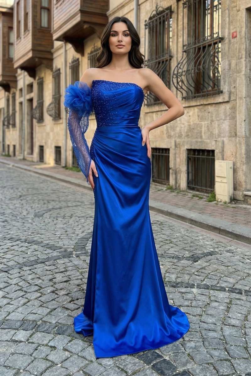 Sharice | Mermaid Strapless Beaded Ruched Long Prom Dress with Sleeve - KissProm