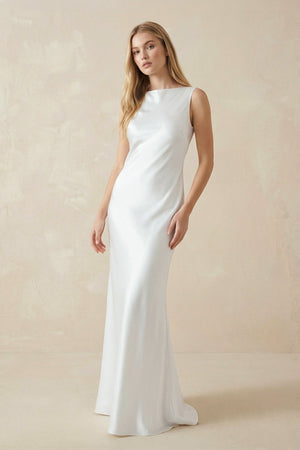 Sheath Bateau Neck Backless Silk Satin Wedding Dress - KissProm Wedding Dresses