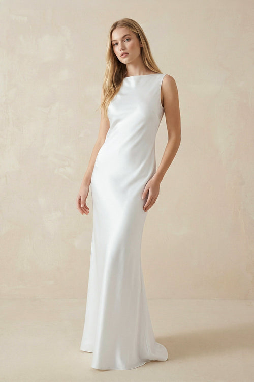 Sheath Bateau Neck Backless Silk Satin Wedding Dress - KissProm Wedding Dresses