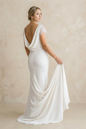 Sheath Bateau Neck Cap Sleeve Ivory Satin Wedding Dress - KissProm Wedding Dresses
