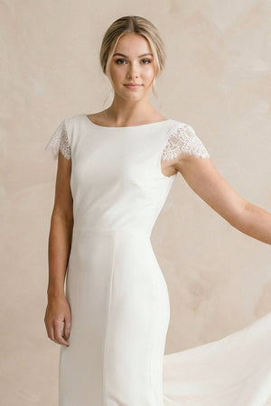 Sheath Bateau Neck Cap Sleeve Ivory Satin Wedding Dress - KissProm Wedding Dresses