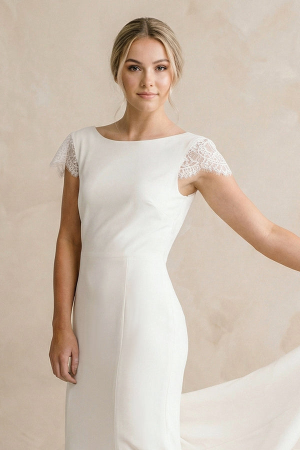 Sheath Bateau Neck Cap Sleeve Ivory Satin Wedding Dress - KissProm Wedding Dresses