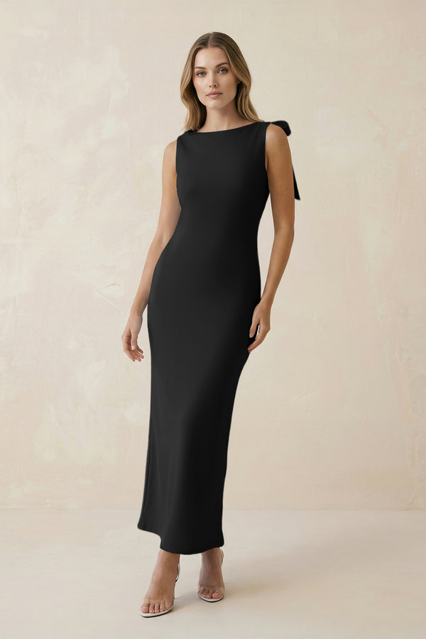 KissProm | Bateau Neck Sheath Satin Midi Bridesmaid Dress With Bow in Black