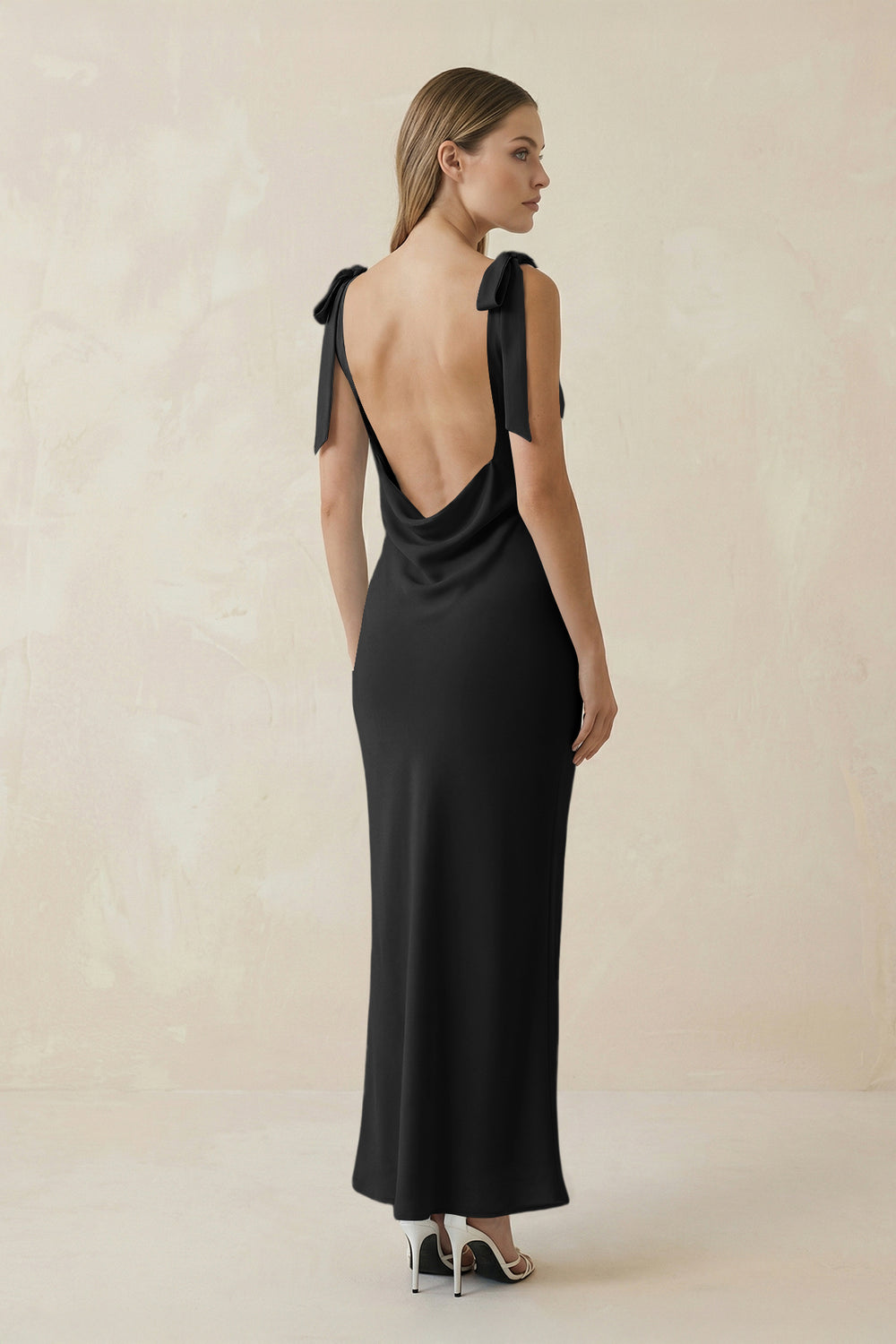 Bateau Neck Sheath Satin Midi Bridesmaid Dress With Bow in Black - SHE IS ME Bridesmaid Dresses