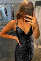 Sheath Blue Spaghetti Straps Short Homecoming Dress with Criss Cross Back