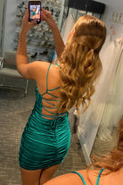 Sheath Blue Spaghetti Straps Short Homecoming Dress with Criss Cross Back