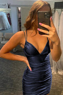 Sheath Blue Spaghetti Straps Short Homecoming Dress with Criss Cross Back