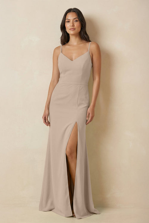 Sheath Cami Strap Chiffon Bridesmaid Dress with Slit in Almond - KissProm Bridesmaid Dresses