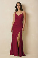 Sheath Cami Strap Chiffon Bridesmaid Dress with Slit in Berry - KissProm Bridesmaid Dresses