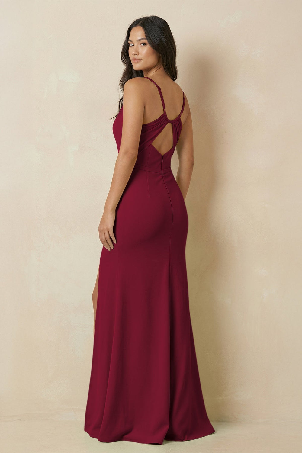 Sheath Cami Strap Chiffon Bridesmaid Dress with Slit in Berry - KissProm Bridesmaid Dresses