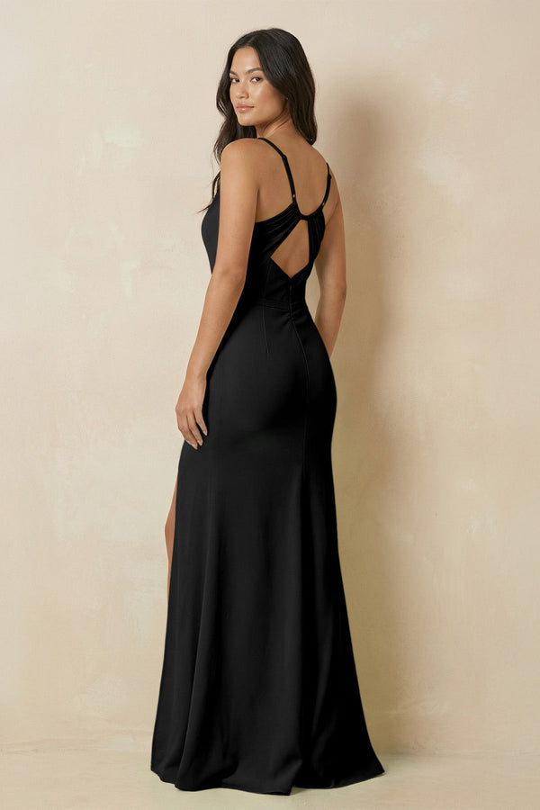 Sheath Cami Strap Chiffon Bridesmaid Dress with Slit in Black - KissProm Bridesmaid Dresses
