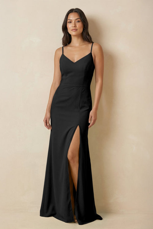 Sheath Cami Strap Chiffon Bridesmaid Dress with Slit in Black - KissProm Bridesmaid Dresses