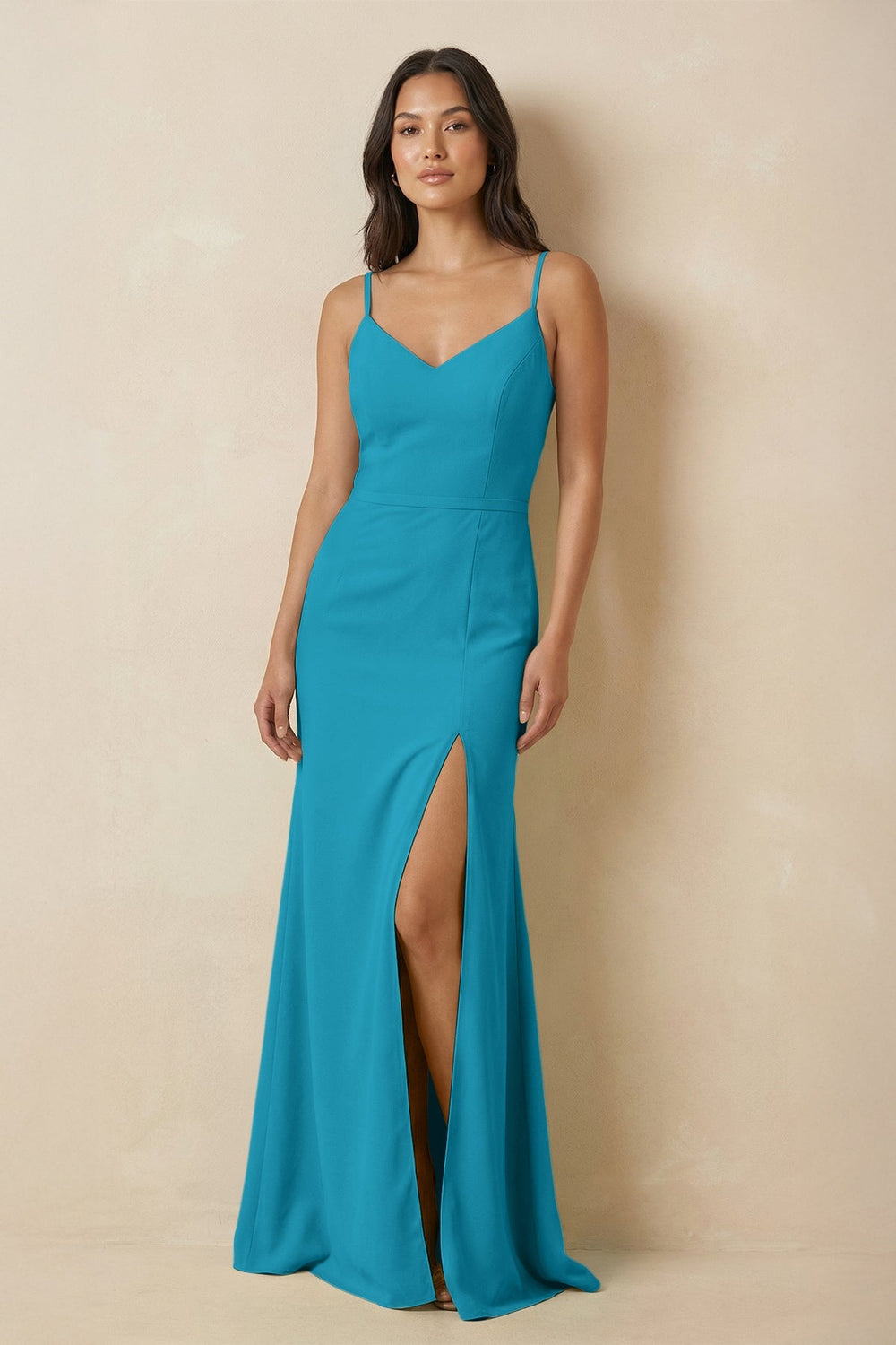 Sheath Cami Strap Chiffon Bridesmaid Dress with Slit in Blue Jay - KissProm Bridesmaid Dresses