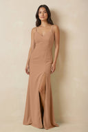 Sheath Cami Strap Chiffon Bridesmaid Dress with Slit in Bronzer - KissProm Bridesmaid Dresses