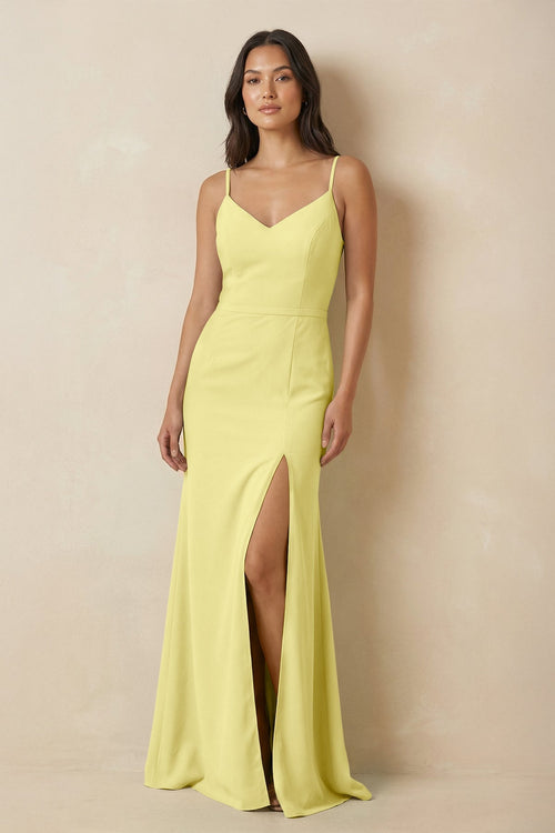 Sheath Cami Strap Chiffon Bridesmaid Dress with Slit in Buttercup - KissProm Bridesmaid Dresses